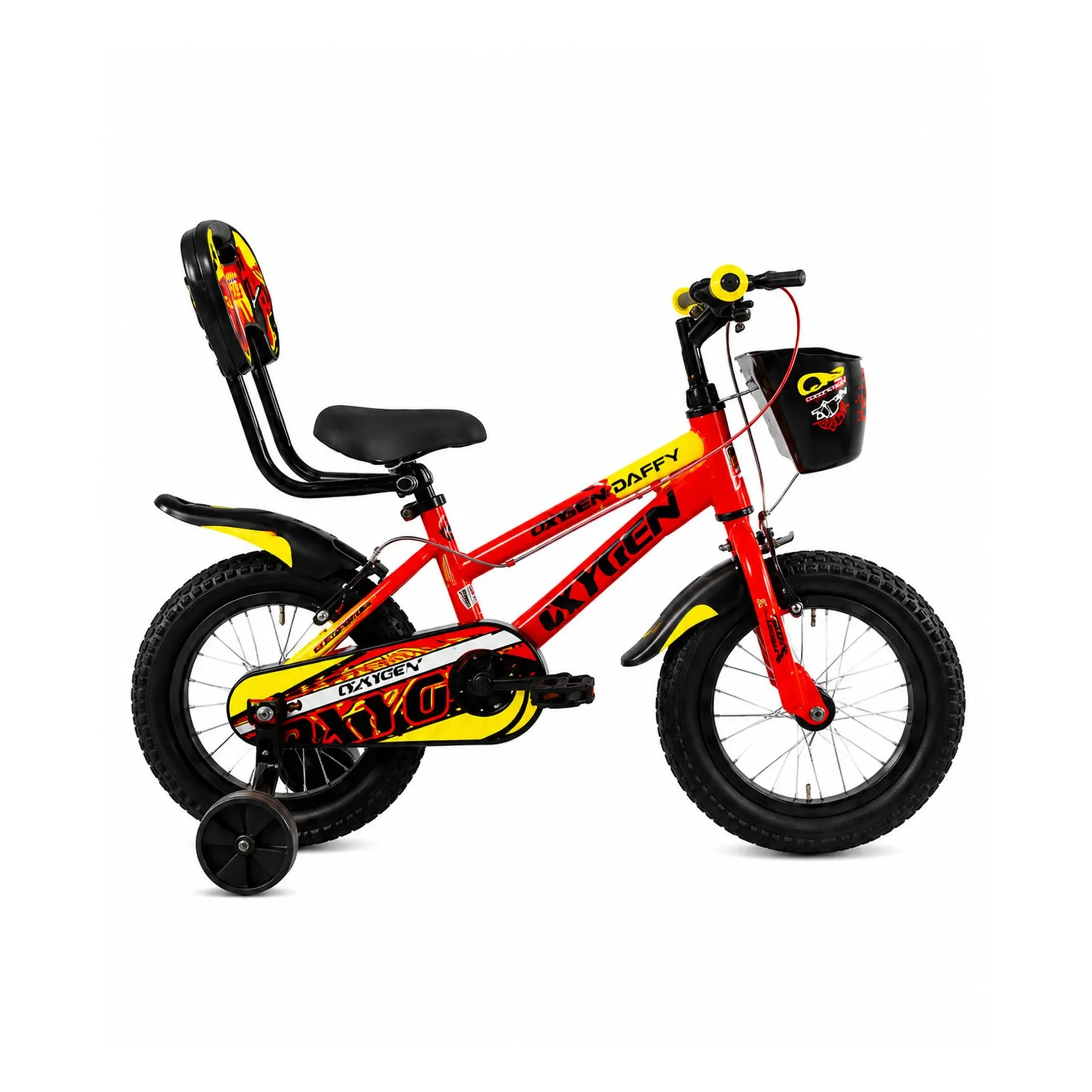 Oxygen Daffy Sturdy Steel Frame Caliper Brakes 14T Training Wheels Kids Bicycle with PU Padded Seat & Full Chain Cover for Safe & Comfortable Riding (Red-Yellow)