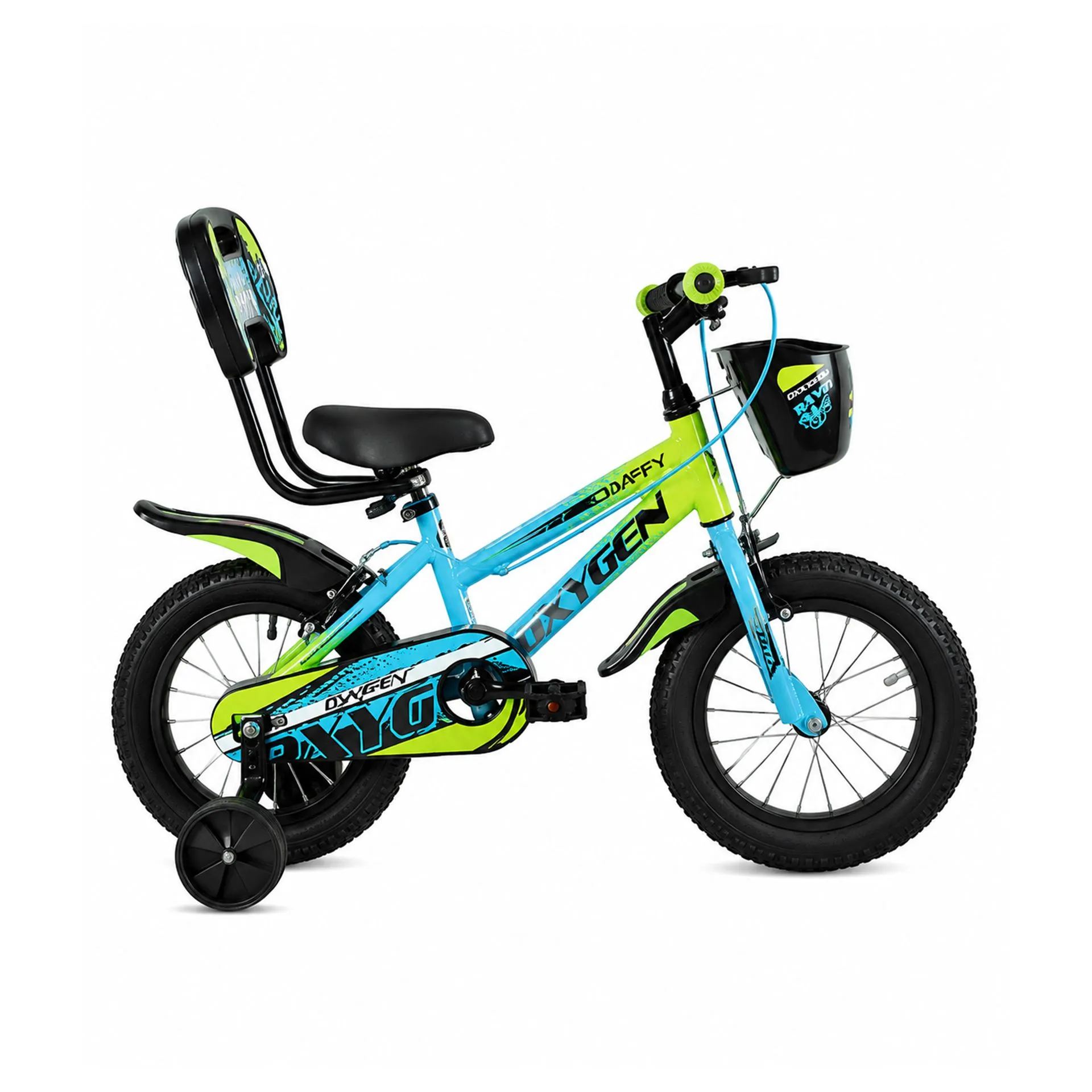 Oxygen Daffy Sturdy Steel Frame Caliper Brakes 14T Training Wheels Kids Bicycle with PU Padded Seat & Full Chain Cover for Safe & Comfortable Riding (Blue-Yellow)