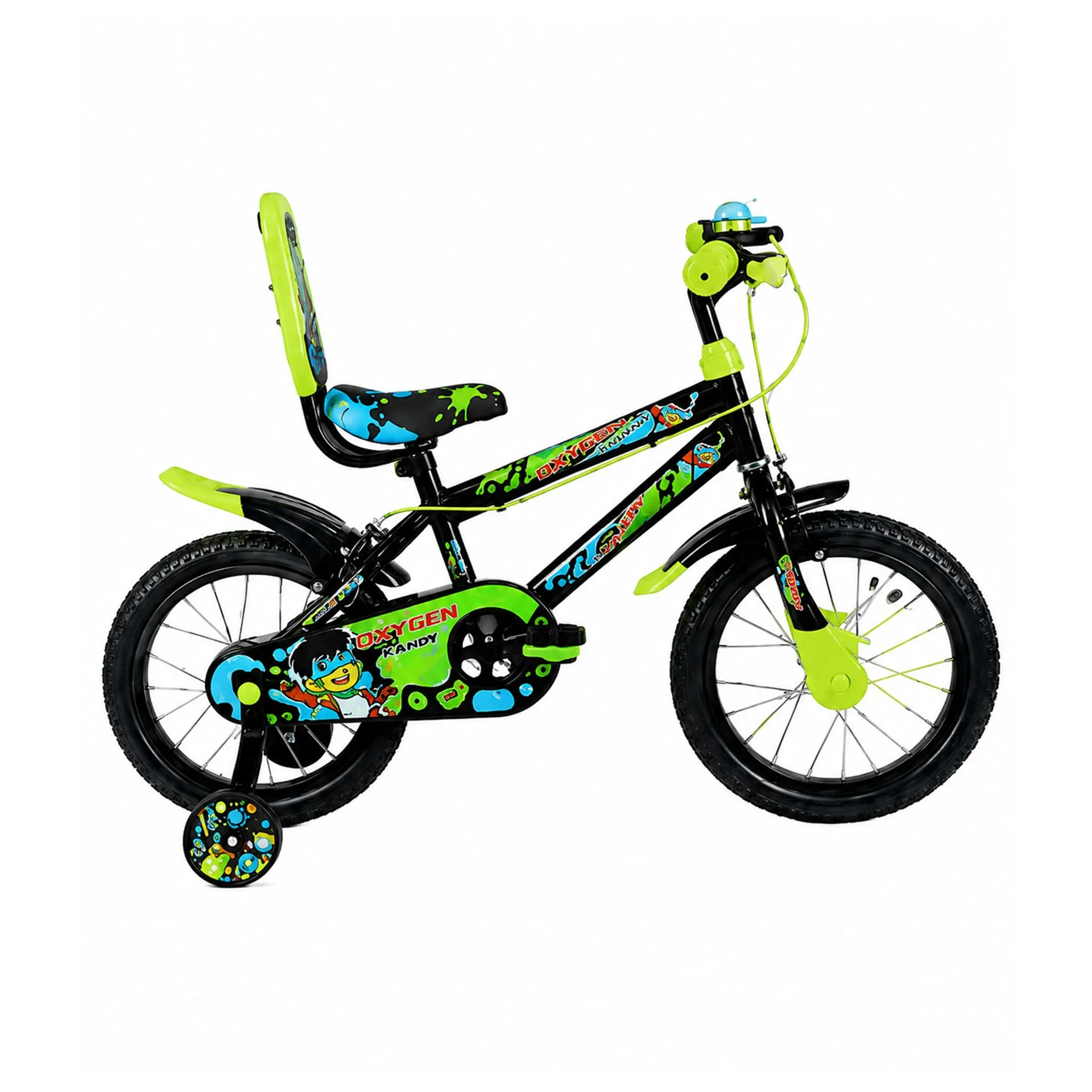 Oxygen Kandy 14T Kids Strong & Durable Steel Frame Bicycle with Training Wheels with Smooth Single Speed & Reliable Caliper Brakes Lightweight Design for Easy Balance Ideal for Beginners (Black-Green)