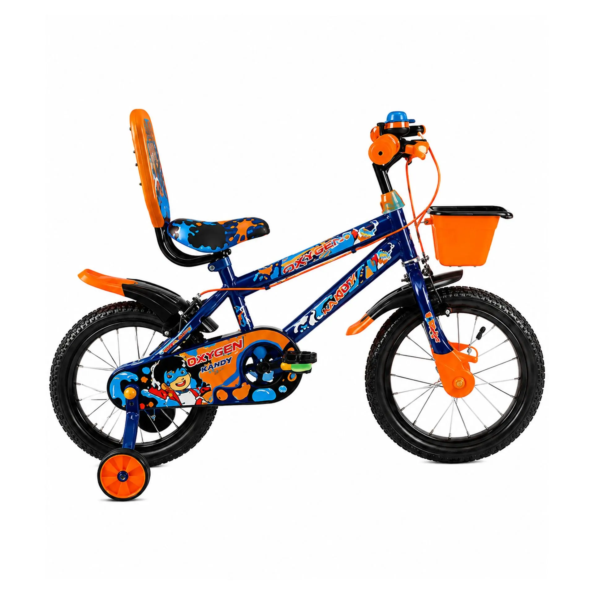 Oxygen Kandy 14T Kids Strong & Durable Steel Frame Bicycle with Training Wheels with Smooth Single Speed & Reliable Caliper Brakes Lightweight Design for Easy Balance Ideal for Beginners (Blue-Orange)