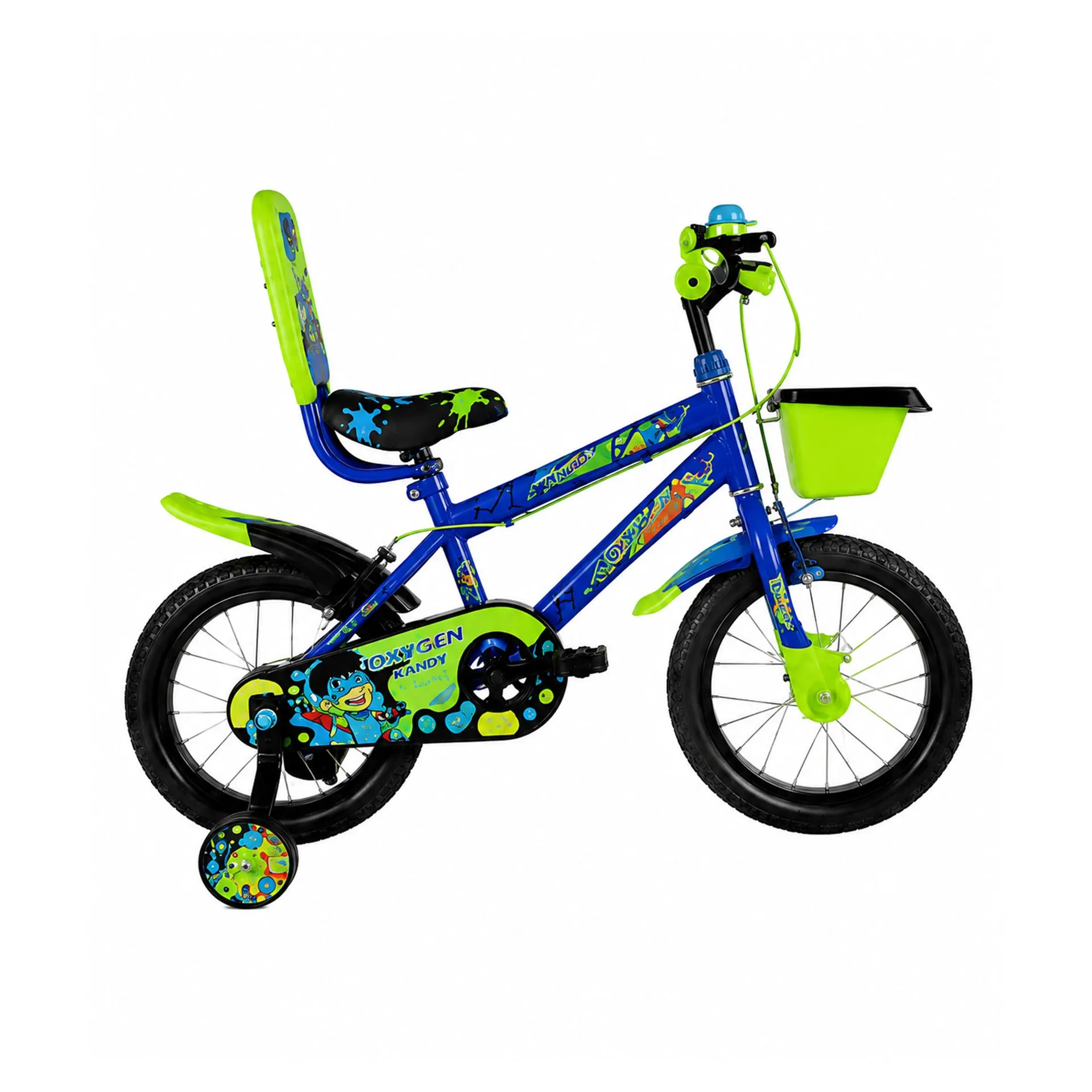 Oxygen Kandy 14T Kids Strong & Durable Steel Frame Bicycle with Training Wheels with Smooth Single Speed & Reliable Caliper Brakes Lightweight Design for Easy Balance Ideal for Beginners (Blue-Green)