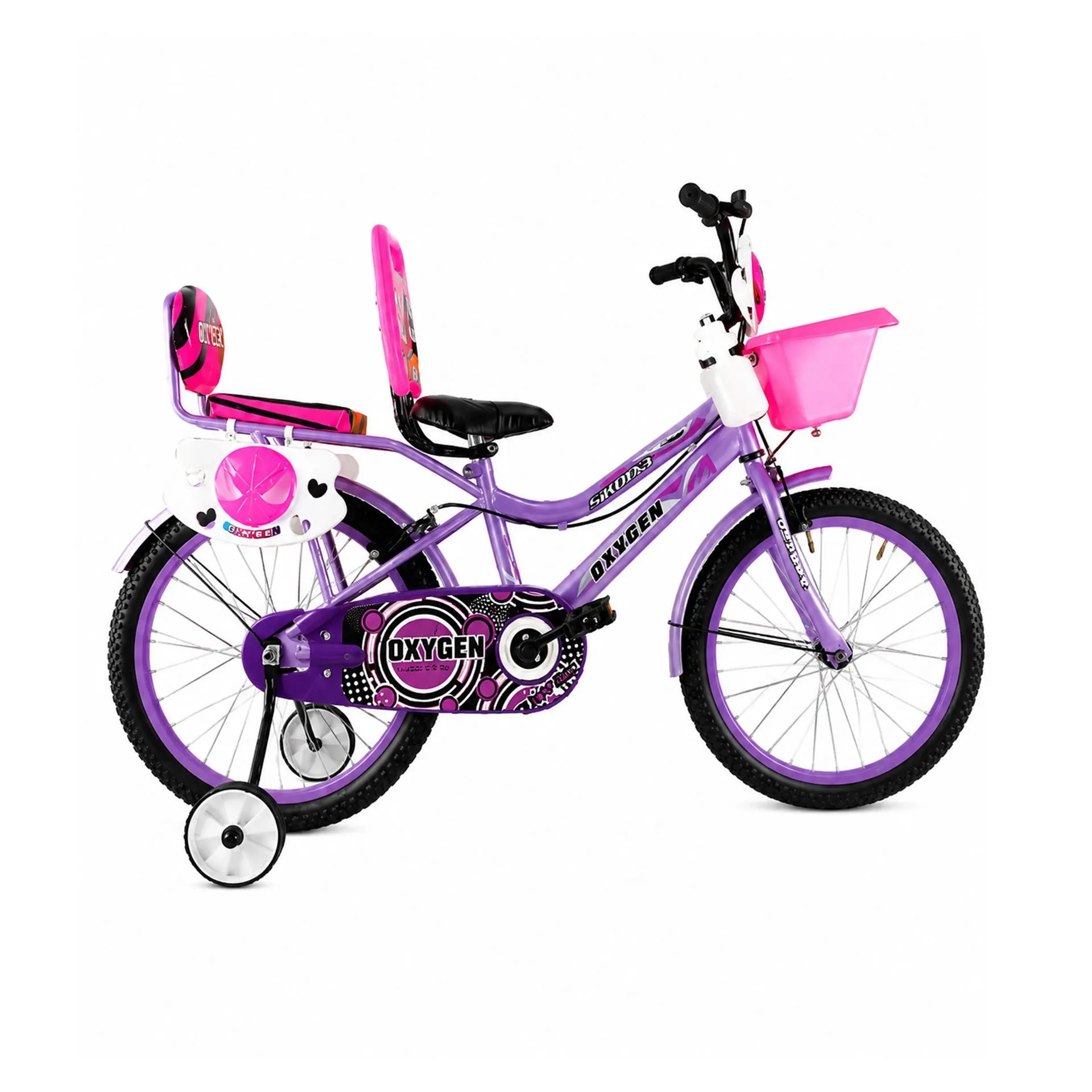 Oxygen Skoda Dual Seat Design 16T Kids Bicycle with Durable Steel Frame & Training Wheels – Reliable Caliper Brakes for Stable & Comfortable Ride for Kids (Pink)