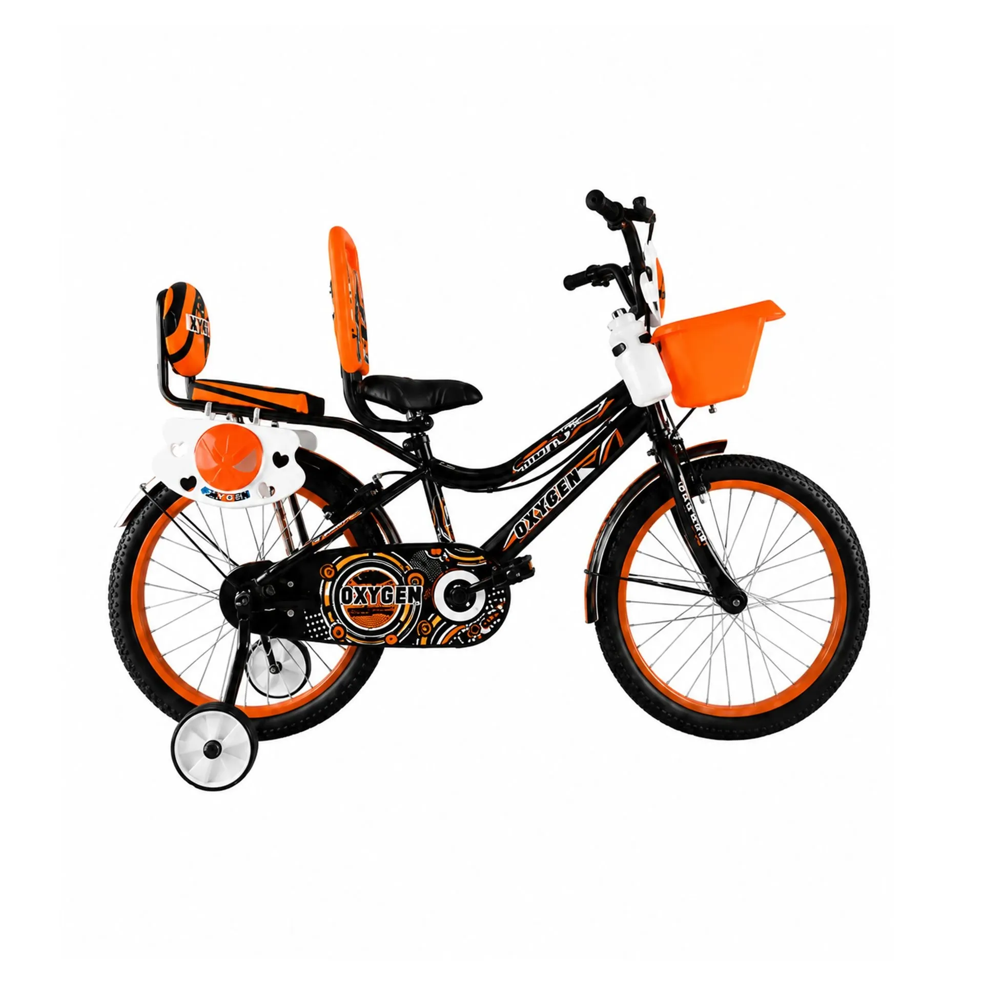 Oxygen Skoda Dual Seat Design 16T Kids Bicycle with Durable Steel Frame & Training Wheels – Reliable Caliper Brakes for Stable & Comfortable Ride for Kids (Black-Orange)