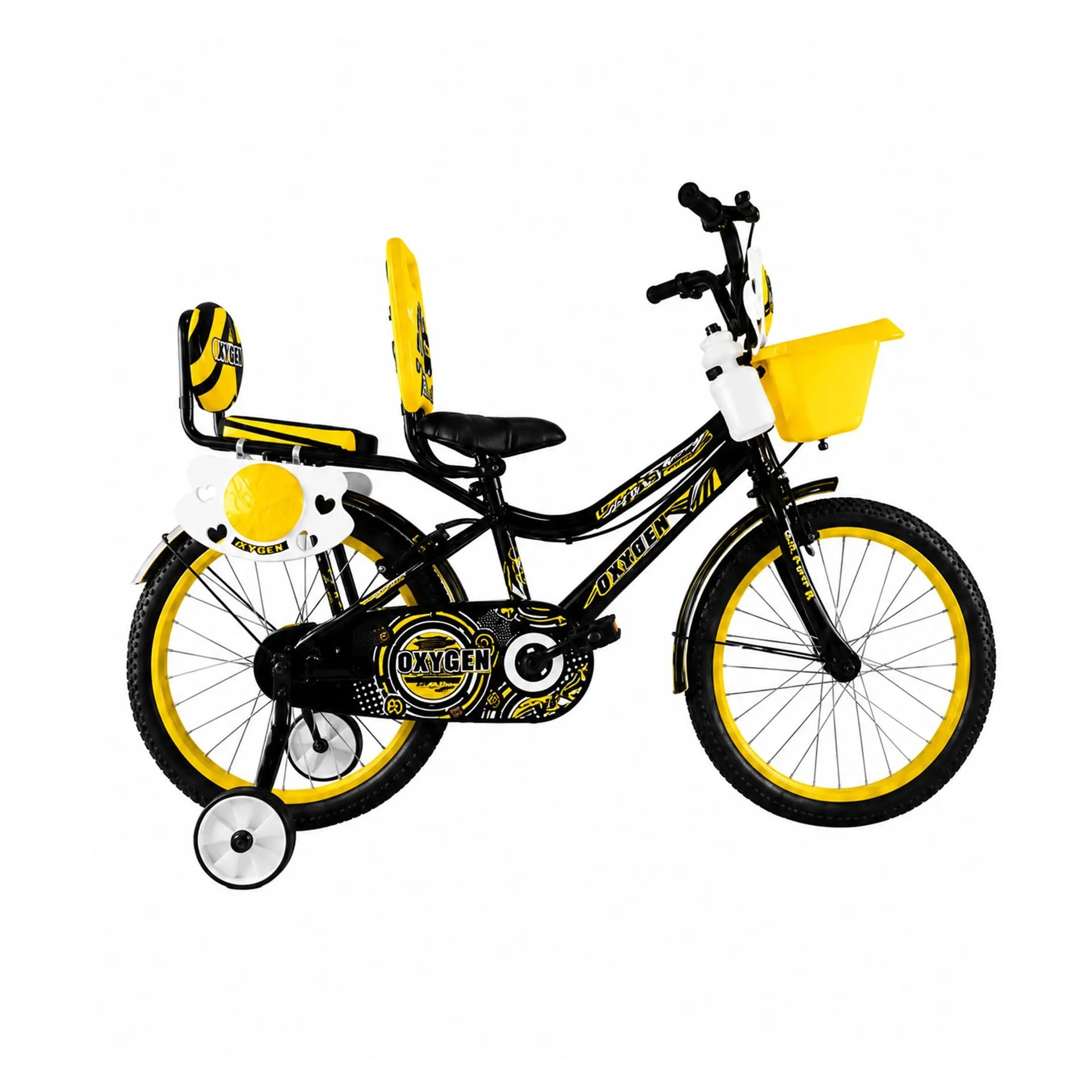 Oxygen Skoda Dual Seat Design 16T Kids Bicycle with Durable Steel Frame & Training Wheels – Reliable Caliper Brakes for Stable & Comfortable Ride for Kids (Black-Yellow)