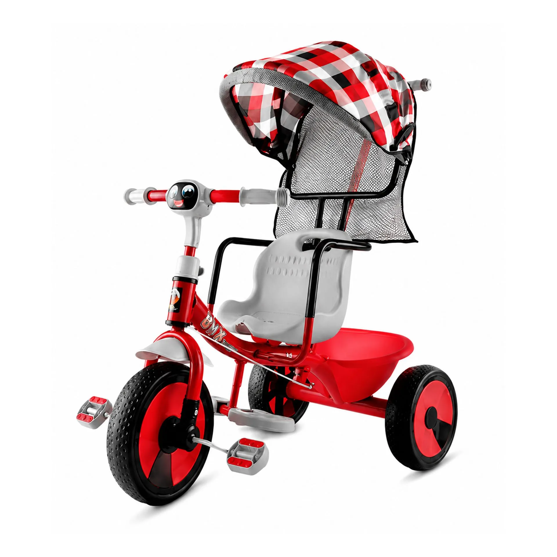 Big Wings Bunny Pro Canopy Sturdy & Stable Design Parental Control Handle with Removable Sun Canopy Toddlers & Beginners Tricycle with Safety Armrest & Foldable Footrest (Red-Grey)