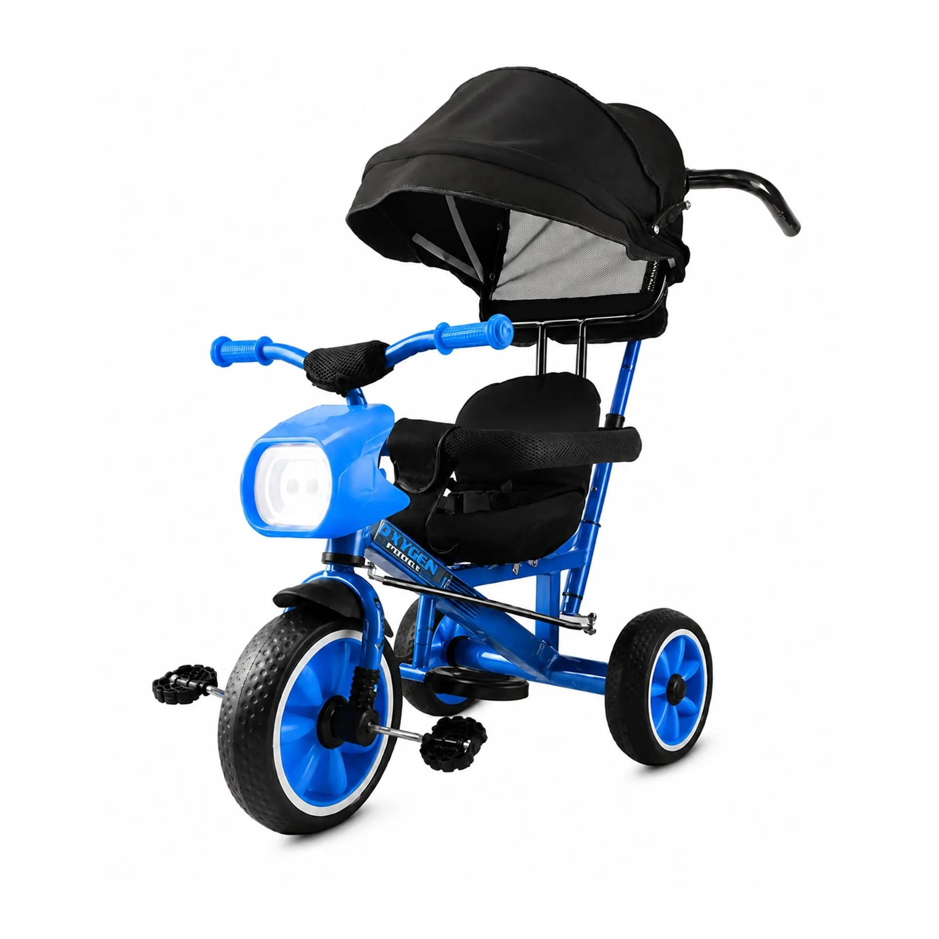 Big Wings Poggy Pro Canopy Secure Armrest Support Tricycle for Kids First Ride with Parent Push Handle for Easy Control & Detachable Sun Canopy (Blue-Black)