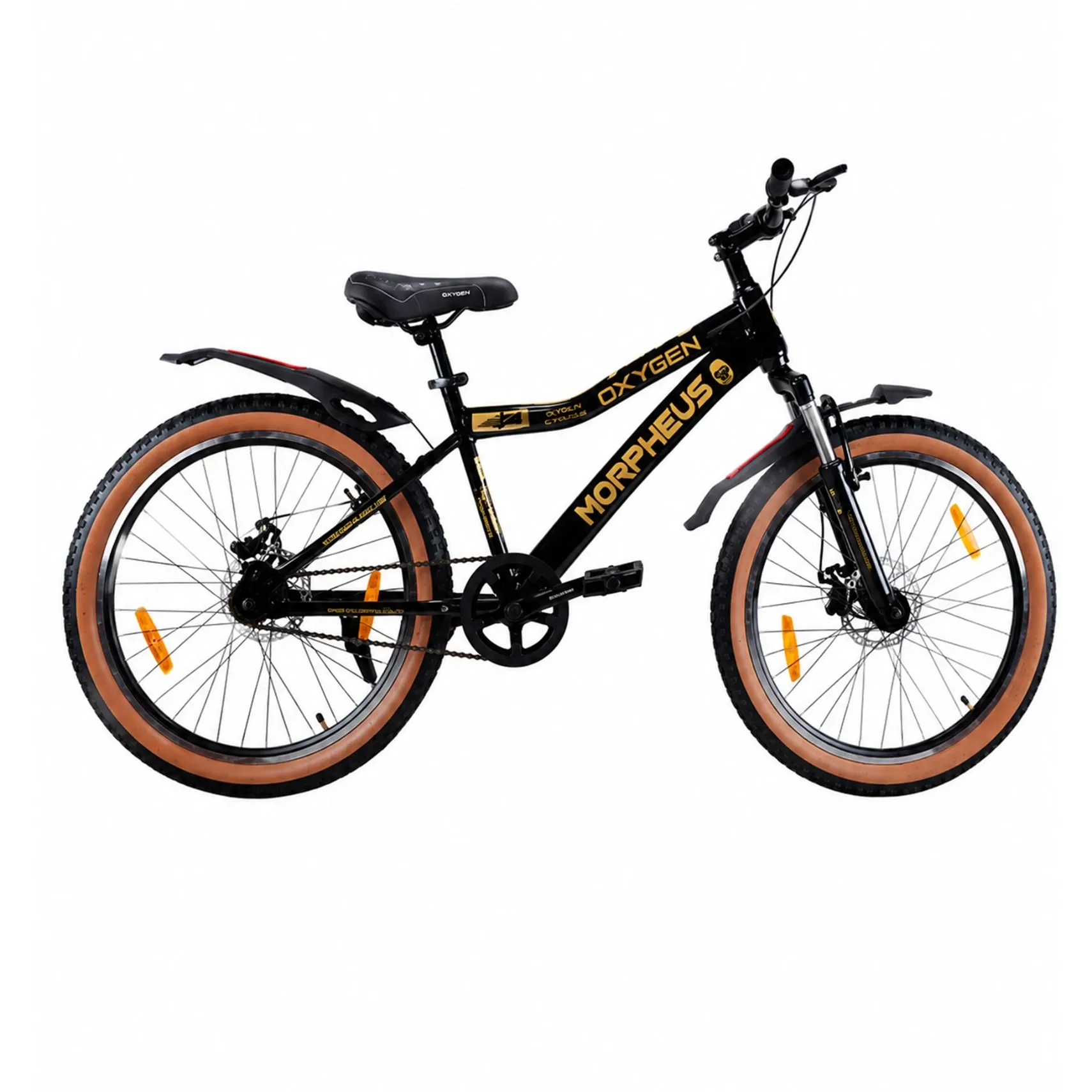 Oxygen Morpheus Suspension/Rigid Fork Steel Frame 26 Inch Adjustable PU Seat Adult Cycle with Disc or V Brake for Multi Speed (Black-Gold)
