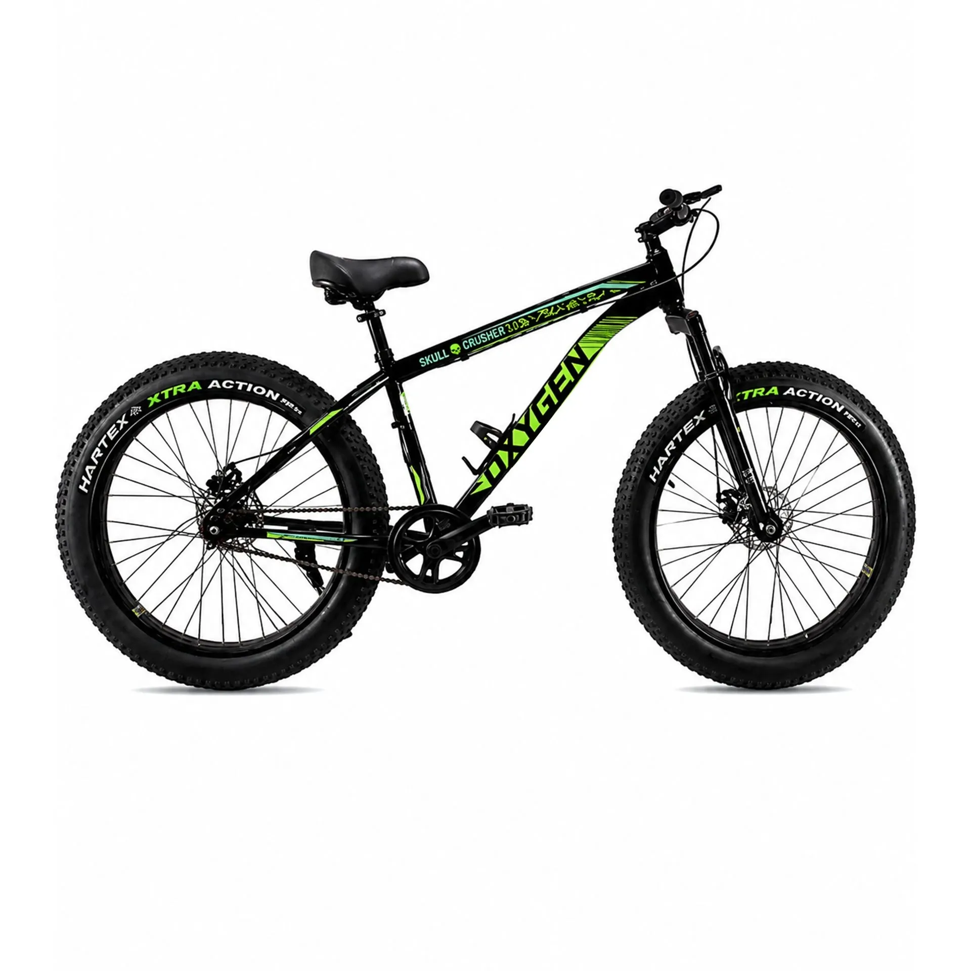 Oxygen Skull Crusher Dual Disc Brakes 26x4.0 Steel Frame Fat Adult Bicycle with Suspension Fork (Black-Green)