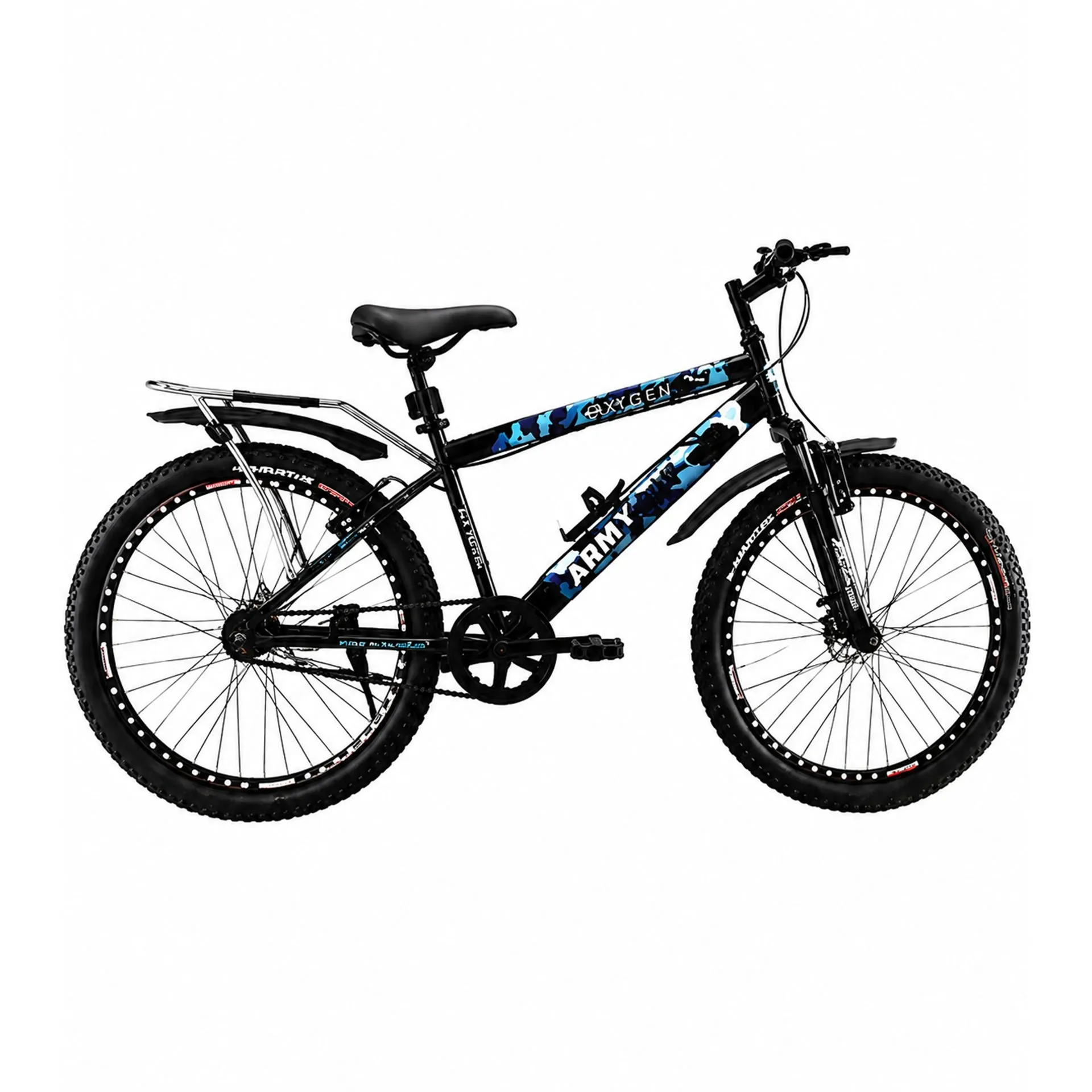 Oxygen Army Tank Soft PU Padded SeatSteel Frame Single Speed Adult Bicycle 26 Inch with Front Suspension & Durable Rims (Black-Blue)