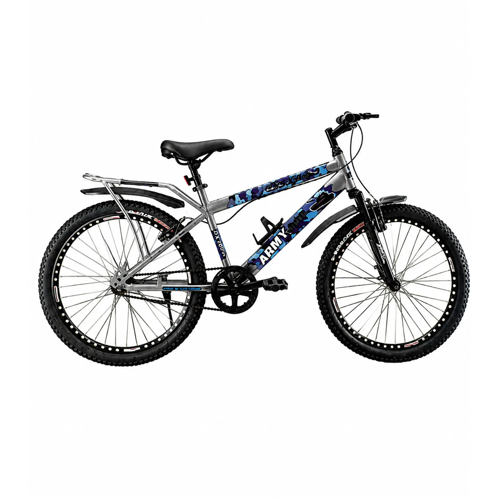 Oxygen Army Tank Soft PU Padded SeatSteel Frame Single Speed Adult Bicycle 26 Inch with Front Suspension & Durable Rims (Silver-Blue)