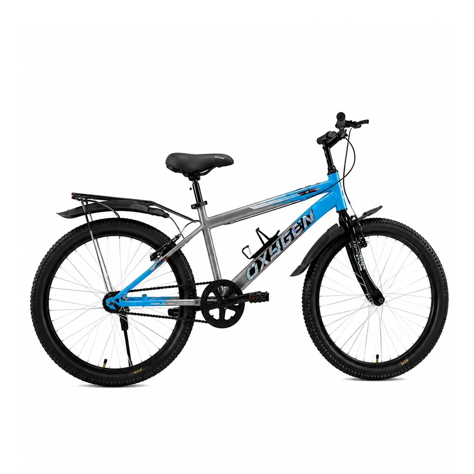Oxygen Ultimate Pro Front Suspension Steel Frame MTB Style & Dual Brake Option Adult Bike 26T with Rust-Free Rims & Adjustable Seat (Grey-Blue)