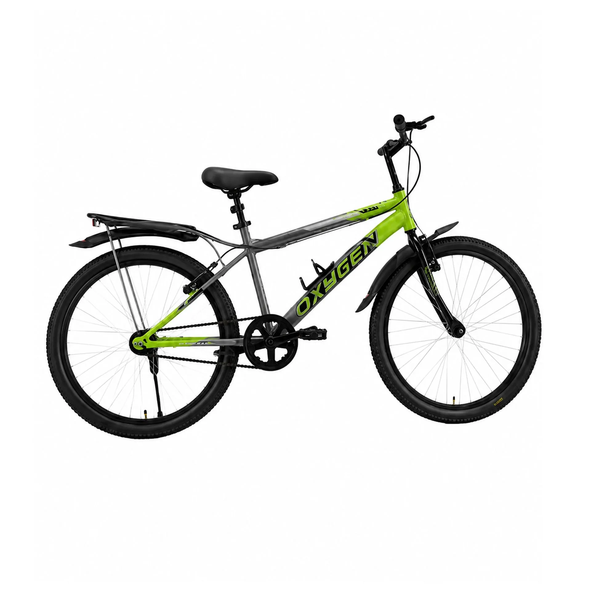 Oxygen Ultimate Pro Front Suspension Steel Frame MTB Style & Dual Brake Option Adult Bike 26T with Rust-Free Rims & Adjustable Seat (Grey-Green)