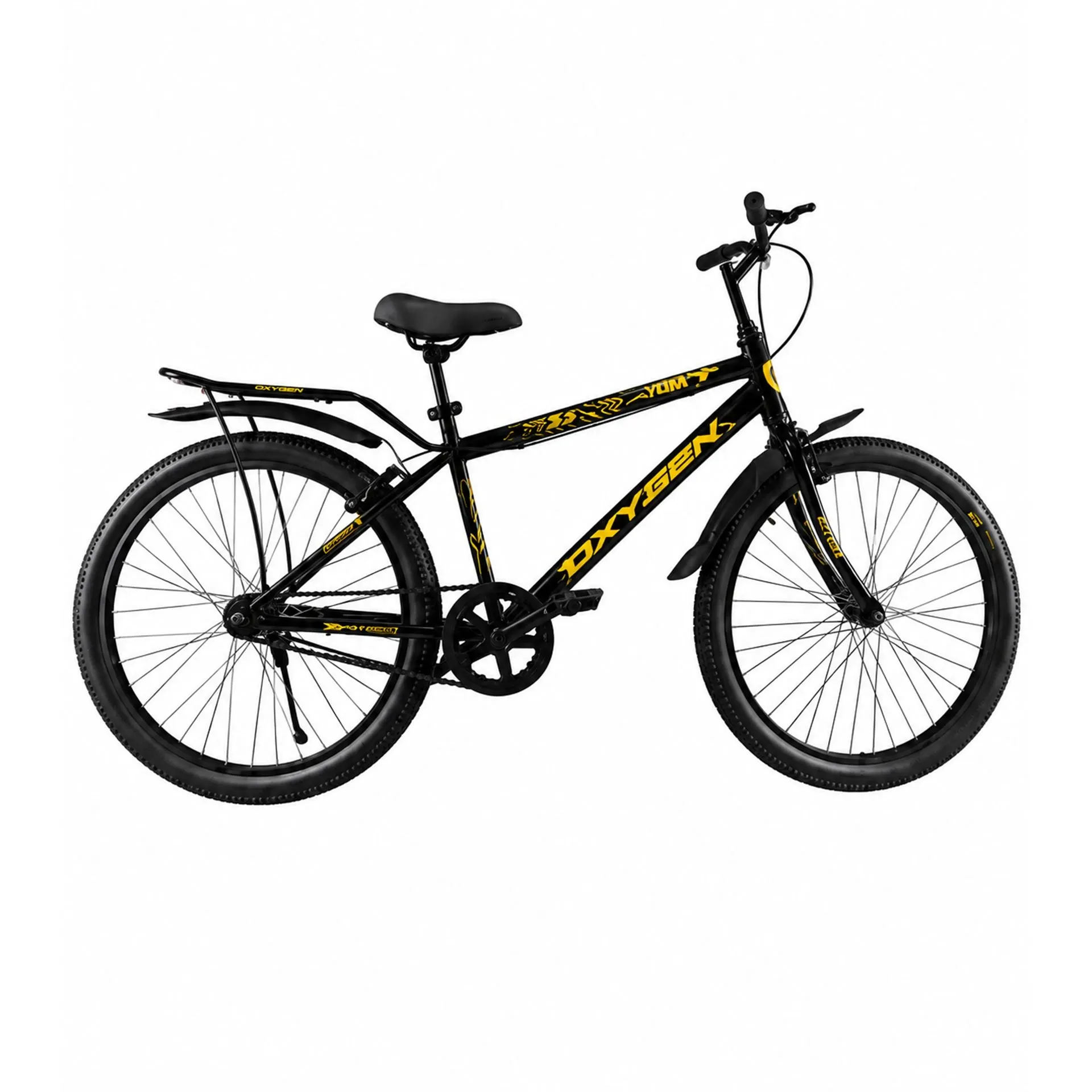 Oxygen Yuma Steel Frame Caliper/V-Brakes Adult Bicycle 26T Single Speed with Rust-Free Rims & Adjustable Handle (Black-Yellow)