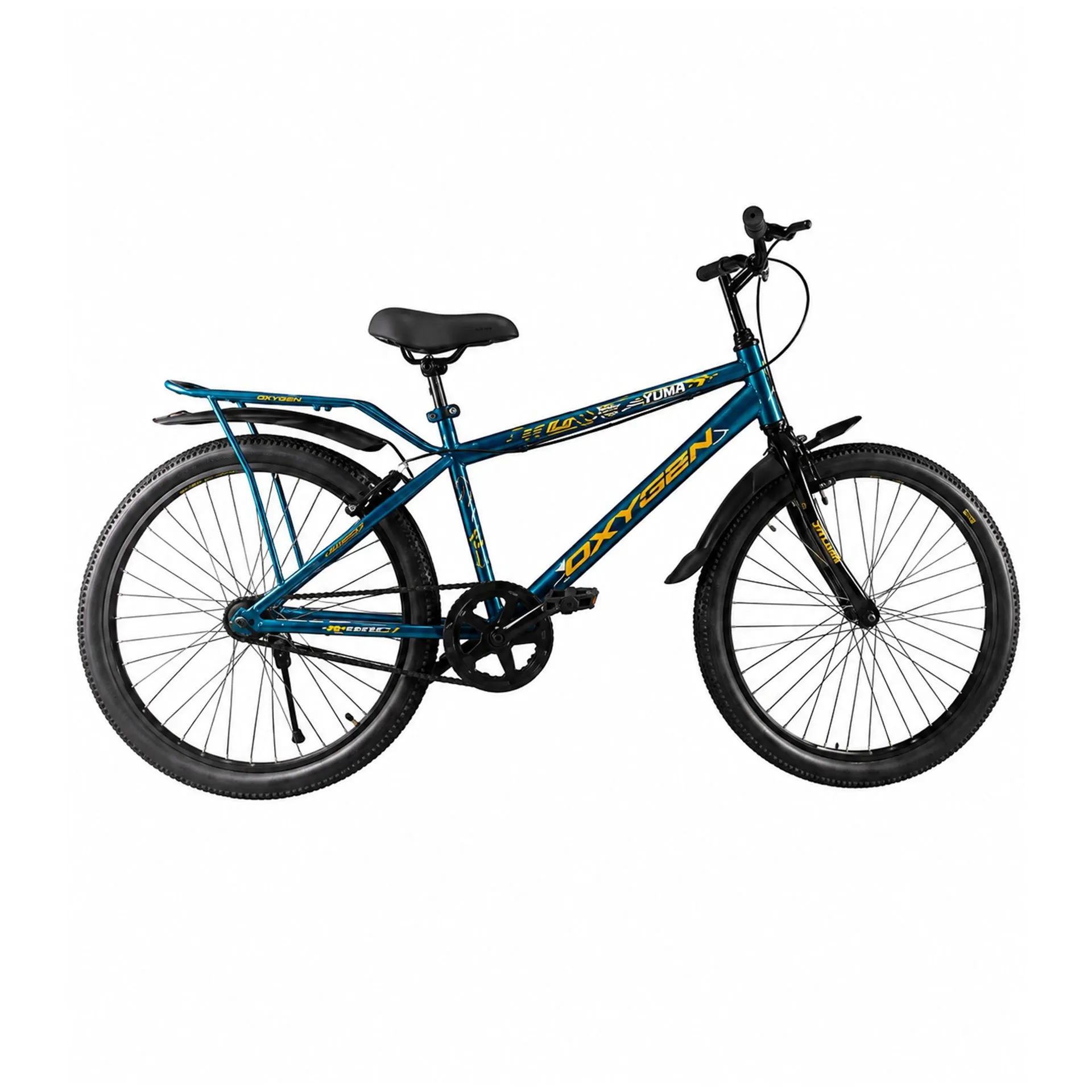 Oxygen Yuma Steel Frame Caliper/V-Brakes Adult Bicycle 26T Single Speed with Rust-Free Rims & Adjustable Handle (Blue-Yellow)