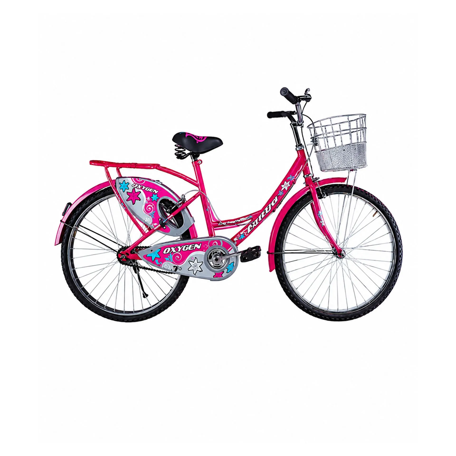 Oxygen Enaya Ladies Bicycle 26T Step-Through Steel Frame Rigid Fork Caliper Brakes with Basket Carrier Cushioned Seat (Brilliant Pink)