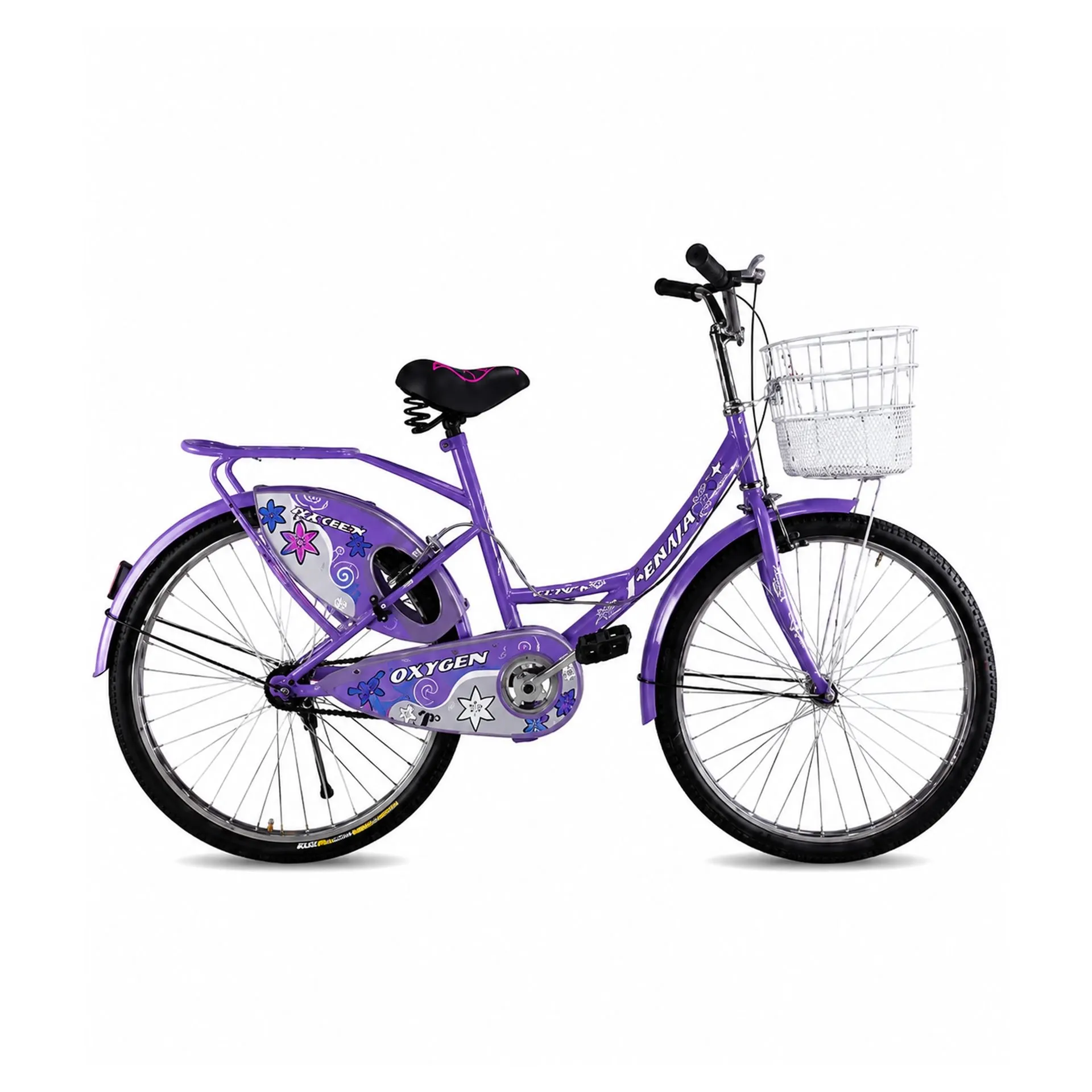 Oxygen Enaya Ladies Bicycle 26T Step-Through Steel Frame Rigid Fork Caliper Brakes with Basket Carrier Cushioned Seat (Purple)