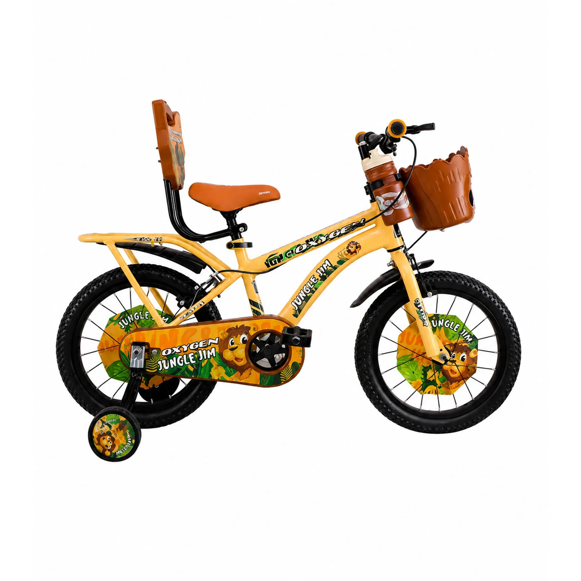 Oxygen Jungle Jim Kids Bicycle Steel Frame Rigid Fork Caliper Brakes Basket Chain Cover Adjustable Handle PU Padded Seat (Brown)