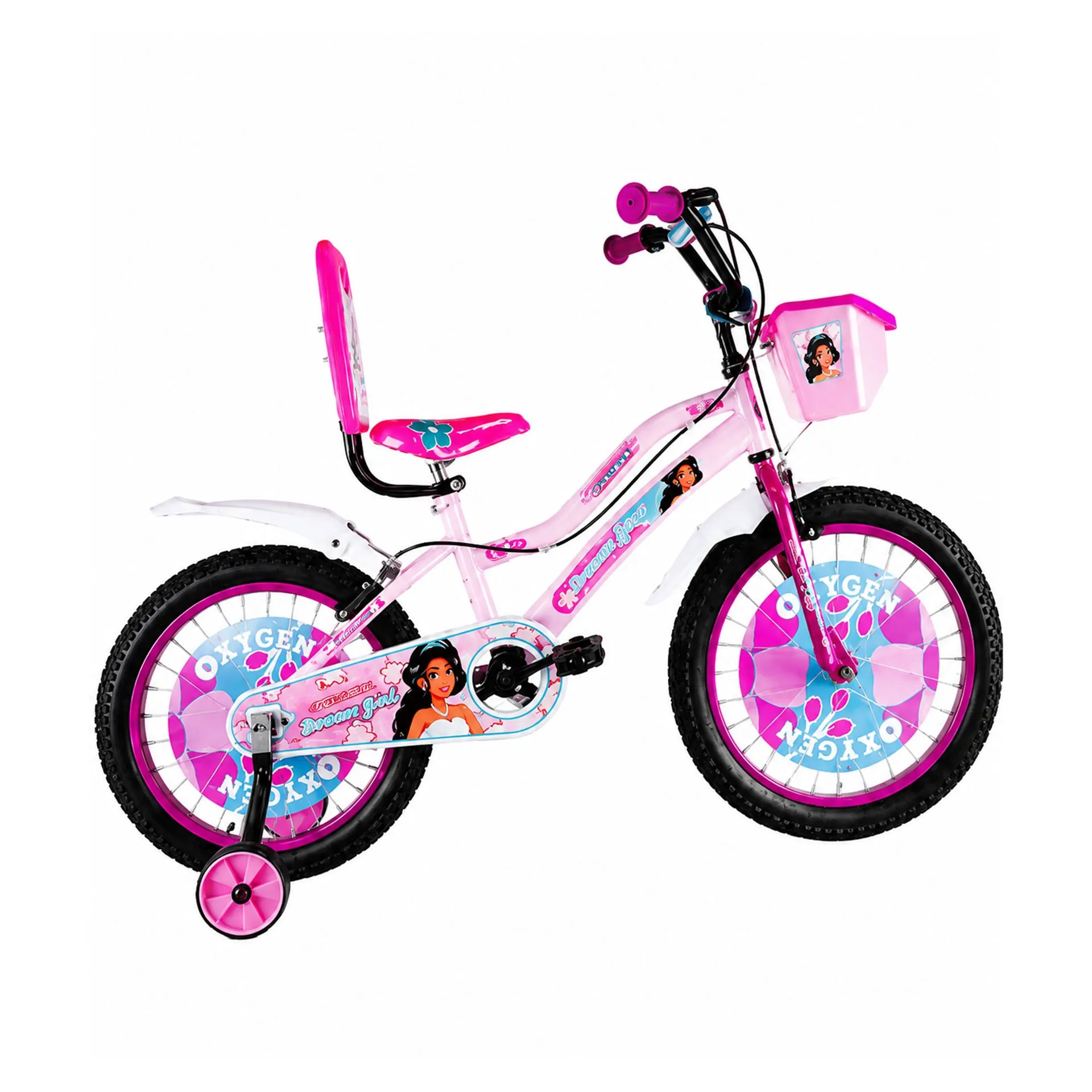 Oxygen Dream Girl Children Bicycle Steel Frame Rigid Fork Caliper Brake Stylish Color Rims Comfort Seat (Pink-Green)