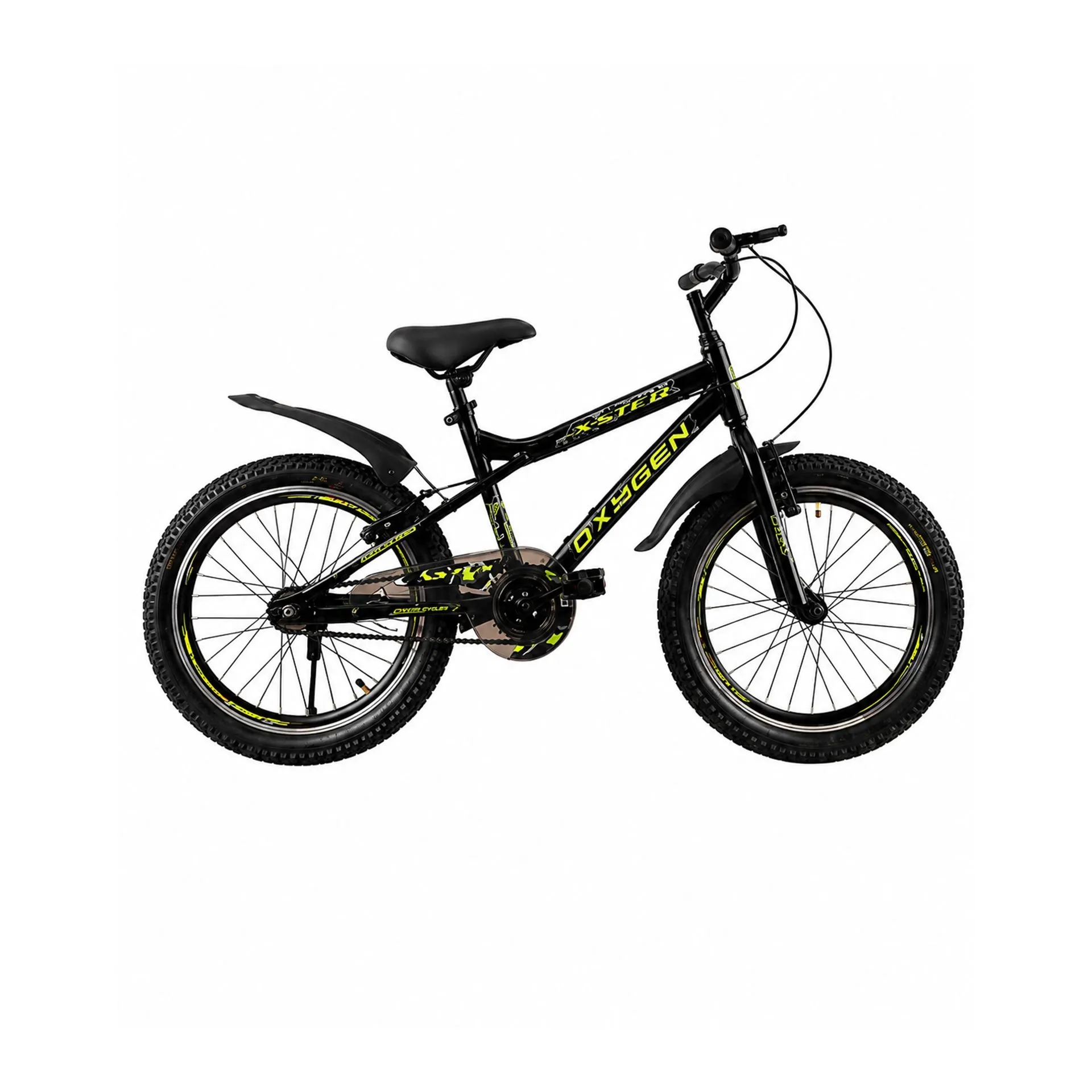 Oxygen Xster Children 20T Bicycle Steel Frame Rigid Fork Power V-Brakes Single Wall Rims Comfortable Adjustable Seat (Black-Green)