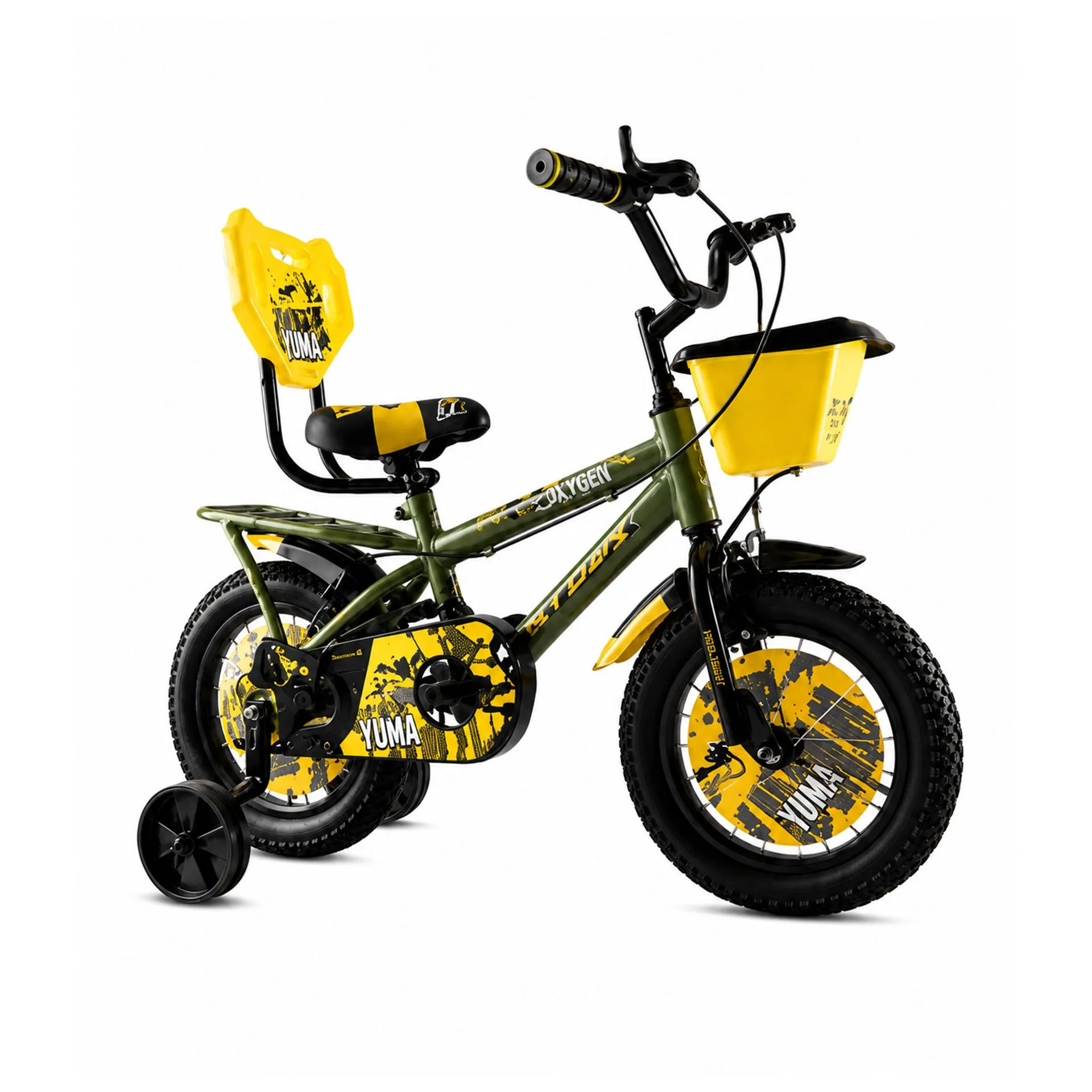 Oxygen Yuma Durable Steel Frame Chain Cover 14T Kids Bicycle with Caliper Brakes & Adjustable Seat for Comfortable Riding (Military Green-Yellow)
