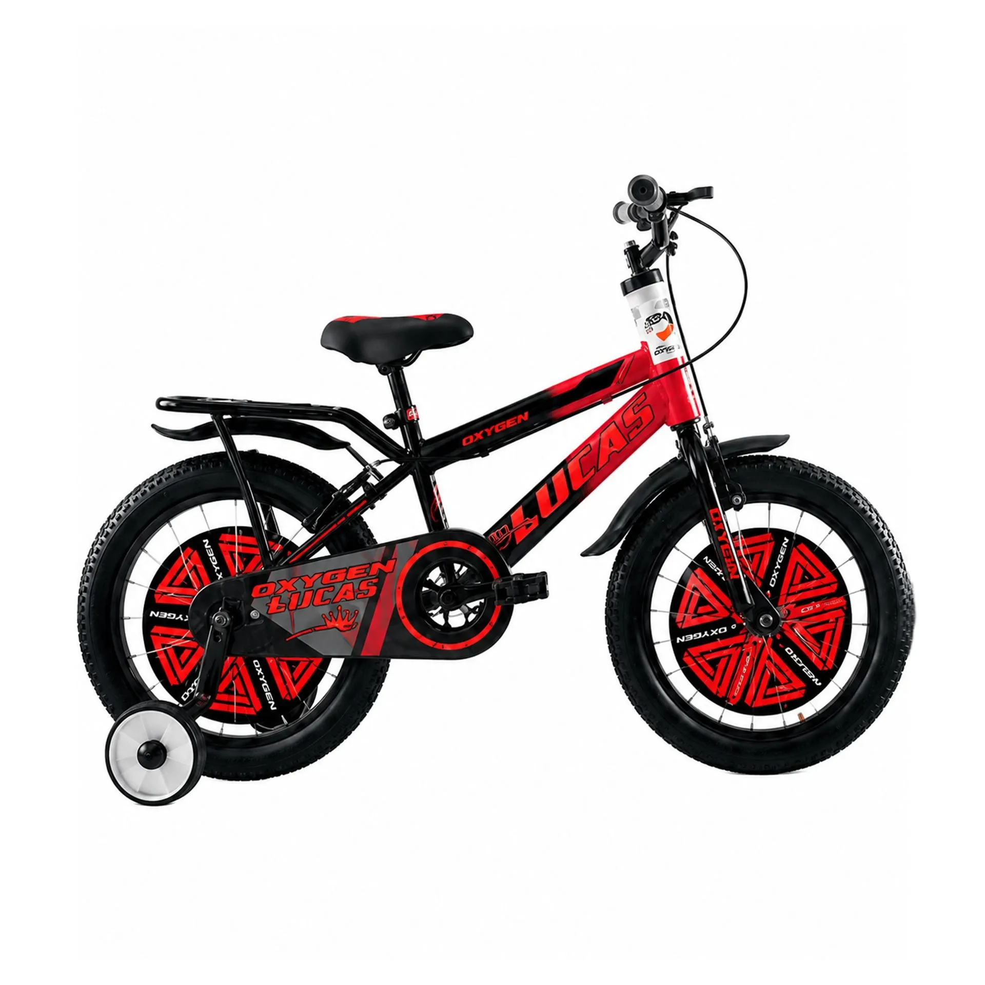 Oxygen Lucas IBC Strong Steel Frame 16T Kids Bicycle with Caliper Brakes, Rust-Free Rims & Chain Cover for Safe Everyday Riding (Black-Red)