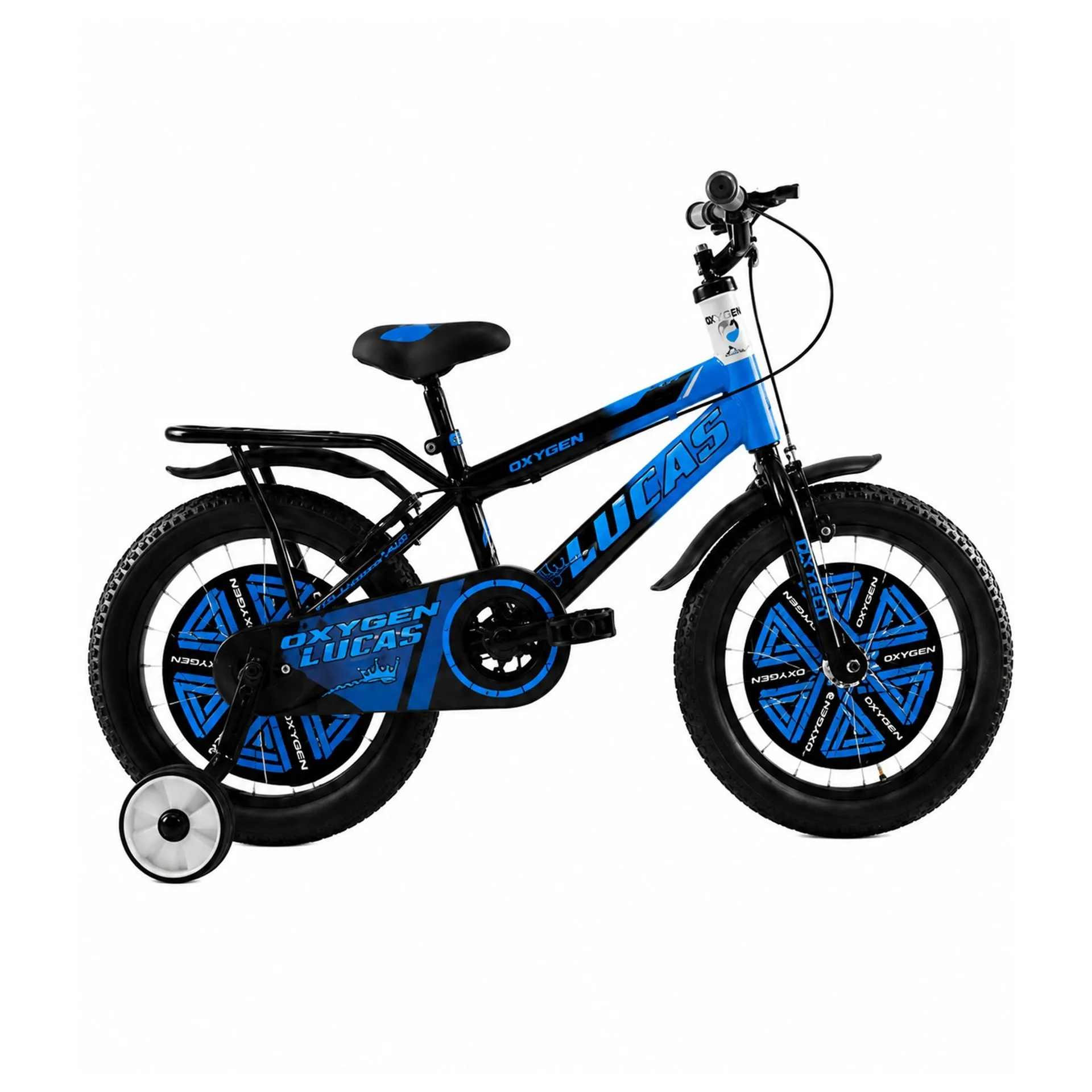 Oxygen Lucas IBC Strong Steel Frame 16T Kids Bicycle with Caliper Brakes, Rust-Free Rims & Chain Cover for Safe Everyday Riding (Black-Blue)