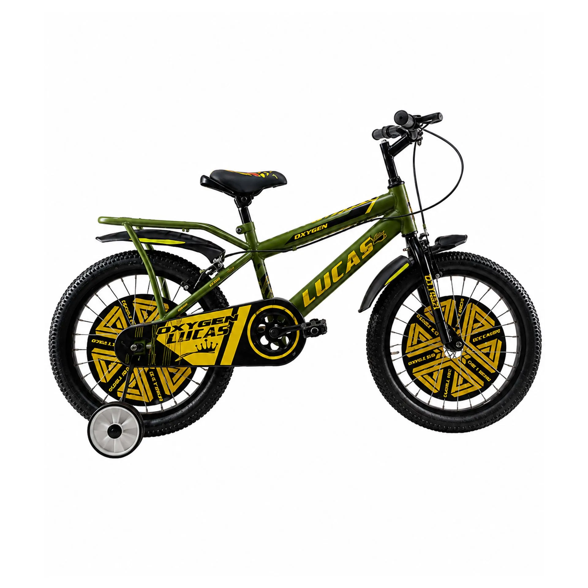Oxygen Lucas IBC Strong Steel Frame 16T Kids Bicycle with Caliper Brakes, Rust-Free Rims & Chain Cover for Safe Everyday Riding (Military Green-Yellow)