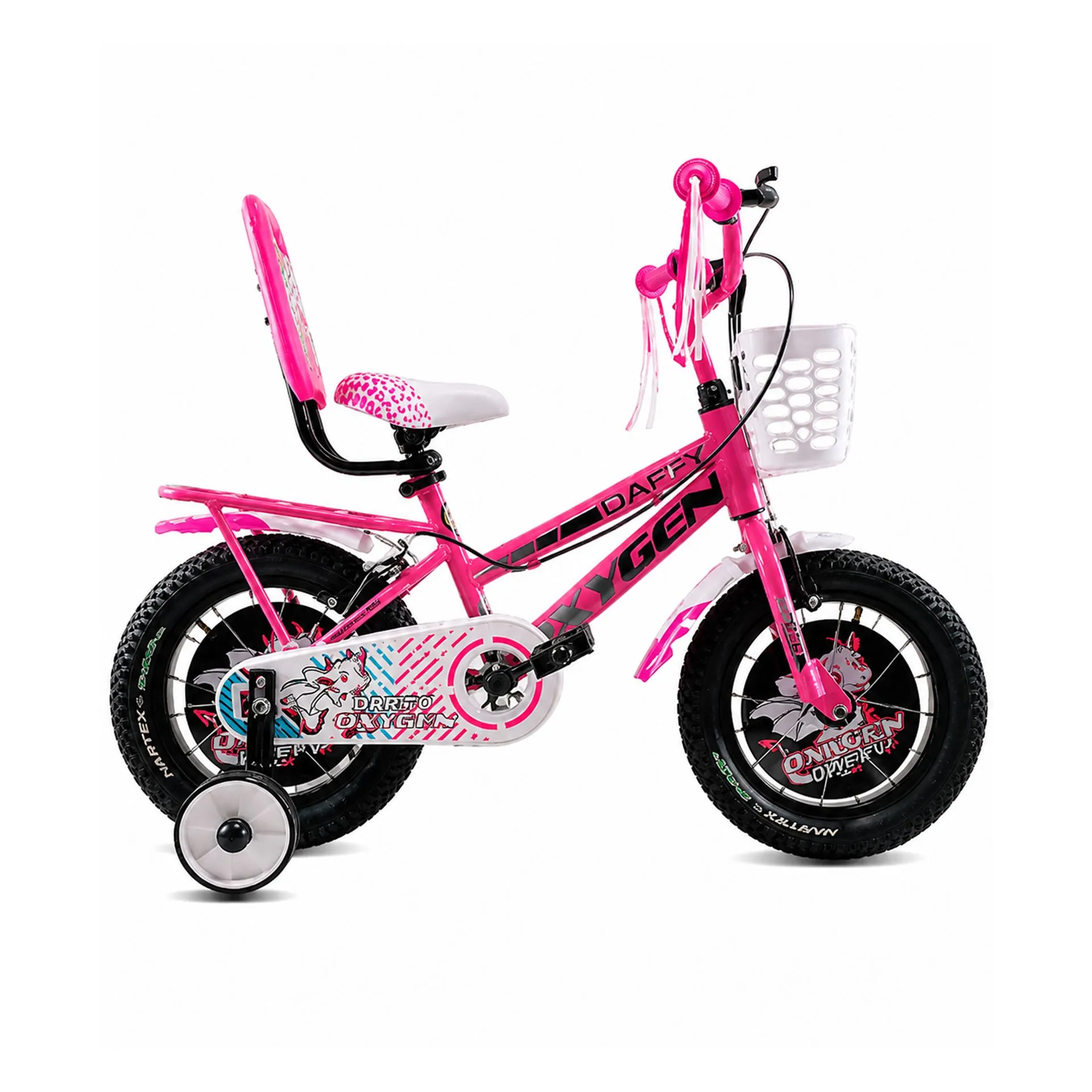 Oxygen Daffy Sturdy Steel Frame Caliper Brakes 14T Training Wheels Kids Bicycle with PU Padded Seat & Full Chain Cover for Safe & Comfortable Riding (Pink-White)