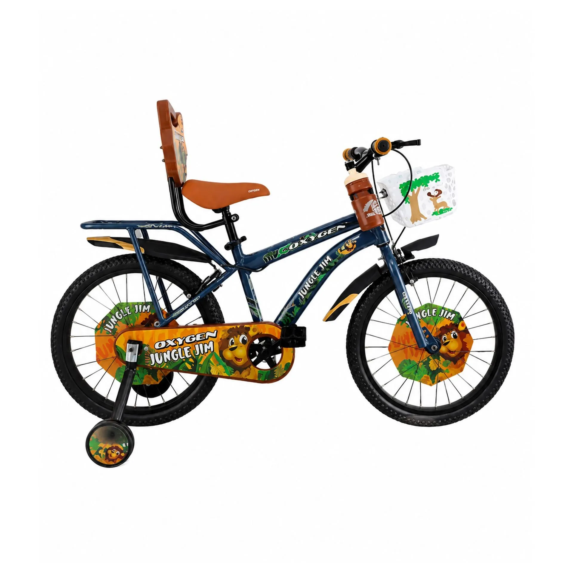Oxygen Jungle Jim Kids Bicycle Steel Frame Rigid Fork Caliper Brakes Basket Chain Cover Adjustable Handle PU Padded Seat (Blue)