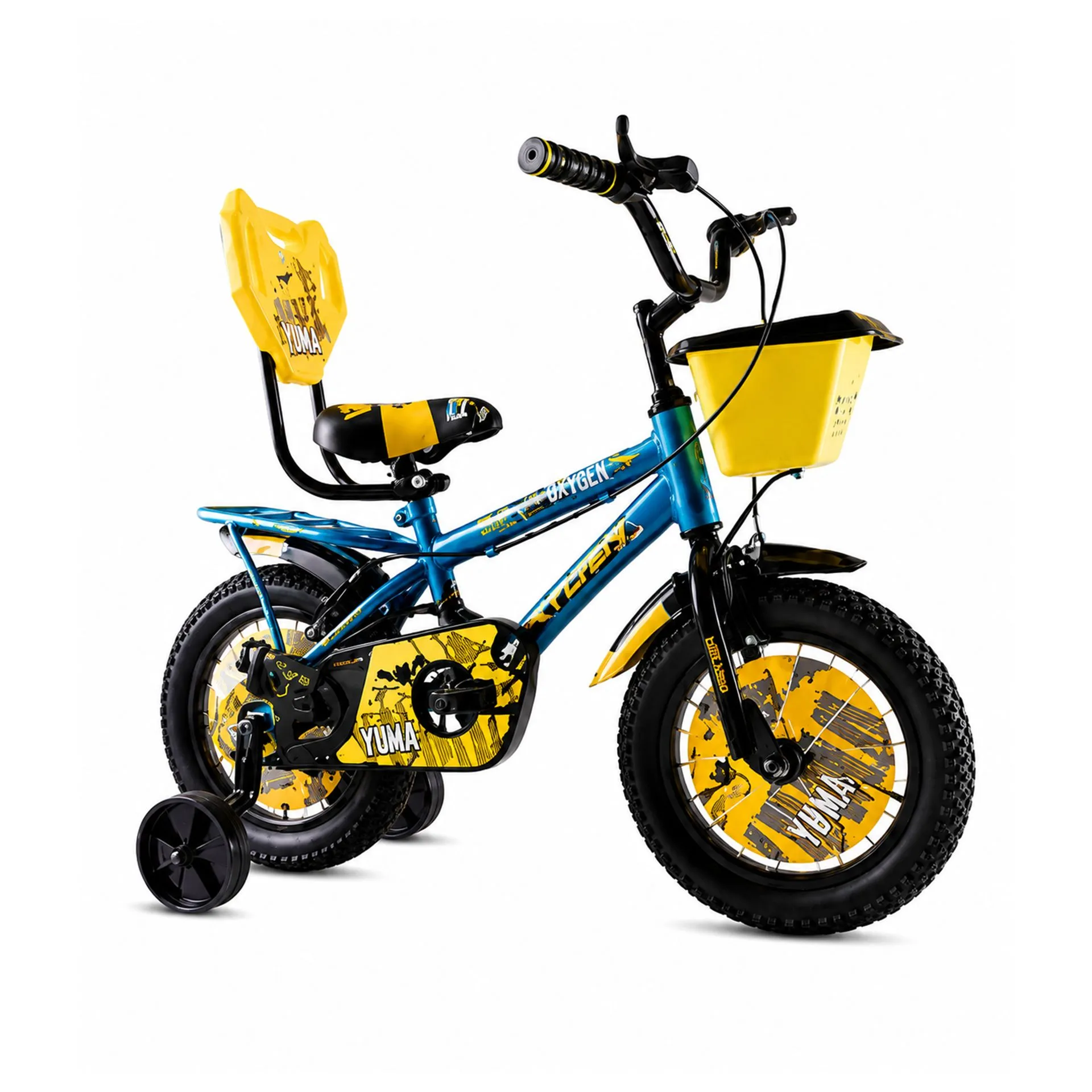 Oxygen Yuma Durable Steel Frame Chain Cover 14T Kids Bicycle with Caliper Brakes & Adjustable Seat for Comfortable Riding (Blue-Yellow)