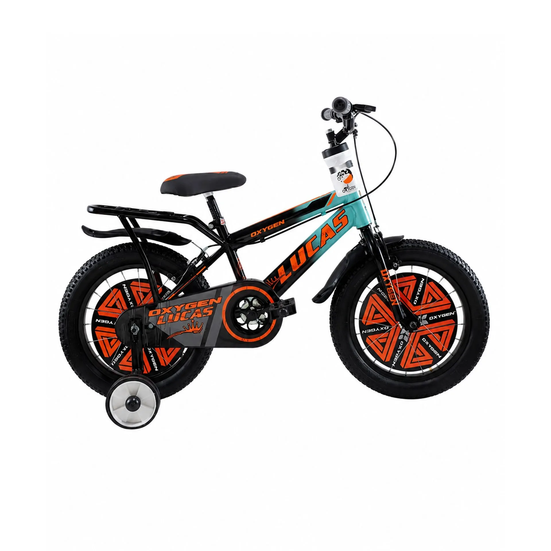 Oxygen Lucas IBC Strong Steel Frame 16T Kids Bicycle with Caliper Brakes, Rust-Free Rims & Chain Cover for Safe Everyday Riding (Black-Turquoise)